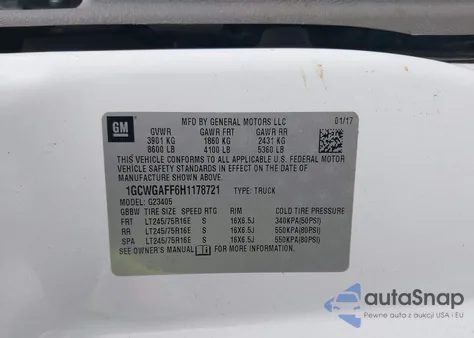 2017 Chevrolet Express 2500 Work Van z USA, uszkodzony, nr VIN 1GCWGAFF6H1178721